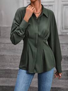 SHEIN Clasi Eo Xếp li Thả vai Tay áo Áo sơ mi - xanh quân đội - Xem 7