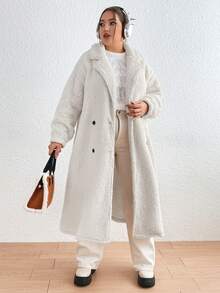 Flirla 加大號翻領雙排扣泰迪外套 - 杏色 - 查看 2