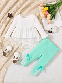 2pcs/Set Baby Girls' Lace & Floral Edge Outfit, Cute, Elegant, , Casual, Suitable , Parties, Vacations, And Daily Wear - Multicolor - View 1