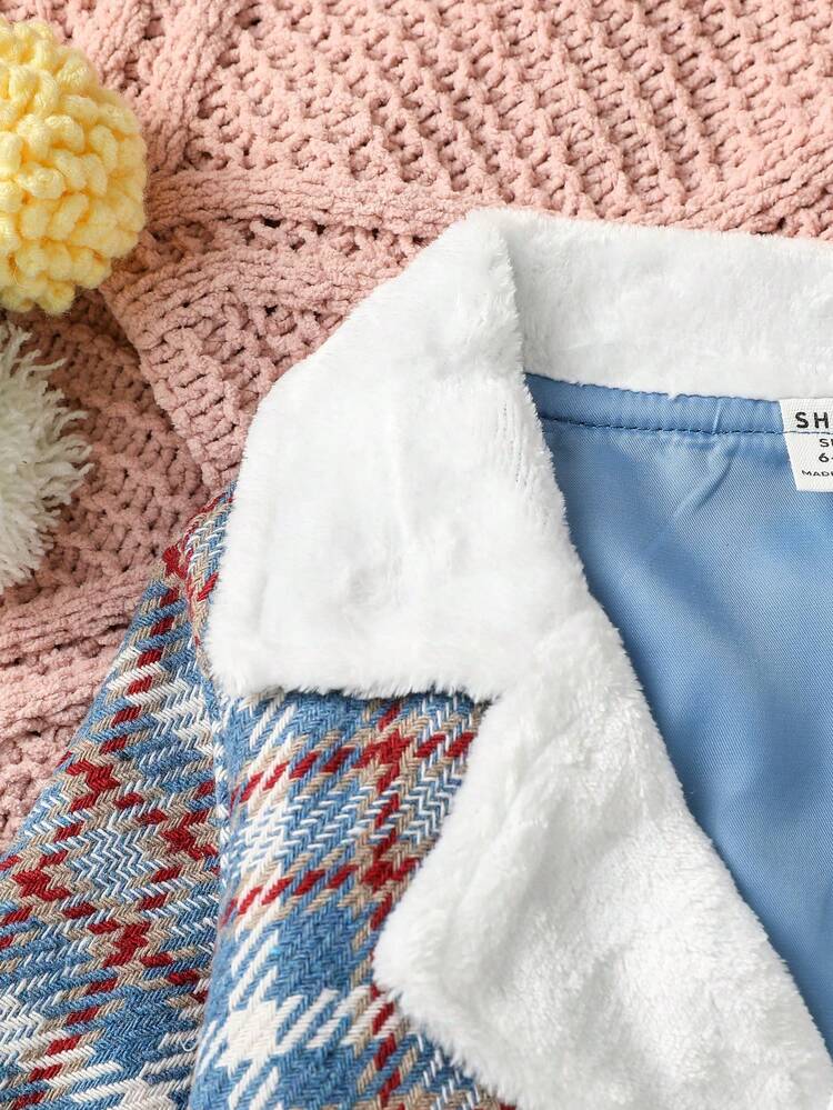 Baby Girls' Street Style Plaid Suit Double-Breasted Short Coat With Lapel Collar And Pleated Skirt, Winter Warm Thermal Lined Cute Fashionable Outfits