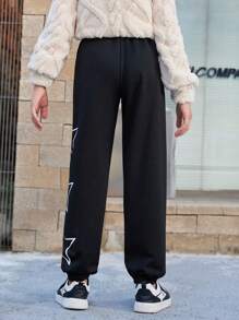 SHEIN Cô gái Tween Phong cách đường phố Dệt kim In Quần thể thao , Thể thao Và Giải trí - màu đen - Xem 2