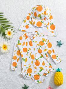 Baby Girls' One-piece Swimsuit With Random Print, Ruffle Hem And Hood - Orange - View 1