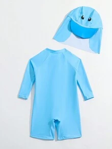 Em bé Con trai Một miếng Áo bơi Với In Thiết kế Và In ngẫu nhiên + Mũ - Màu xanh lam - Xem 2