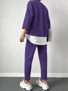 EURMUSE 2pcs Women Casual Set: Contrast Color Round Neck Drop Shoulder 3/4 Sleeve T-Shirt And Pants