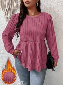 Kích thước lớn Của phụ nữ Màu thuần Xù Peplum Hem Áo thun In Chất vải - Màu Hồng Tươi - Xem 1