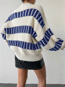 EURMUSE Women's Drop Shoulder Color-block Sweater - Blue - View 2