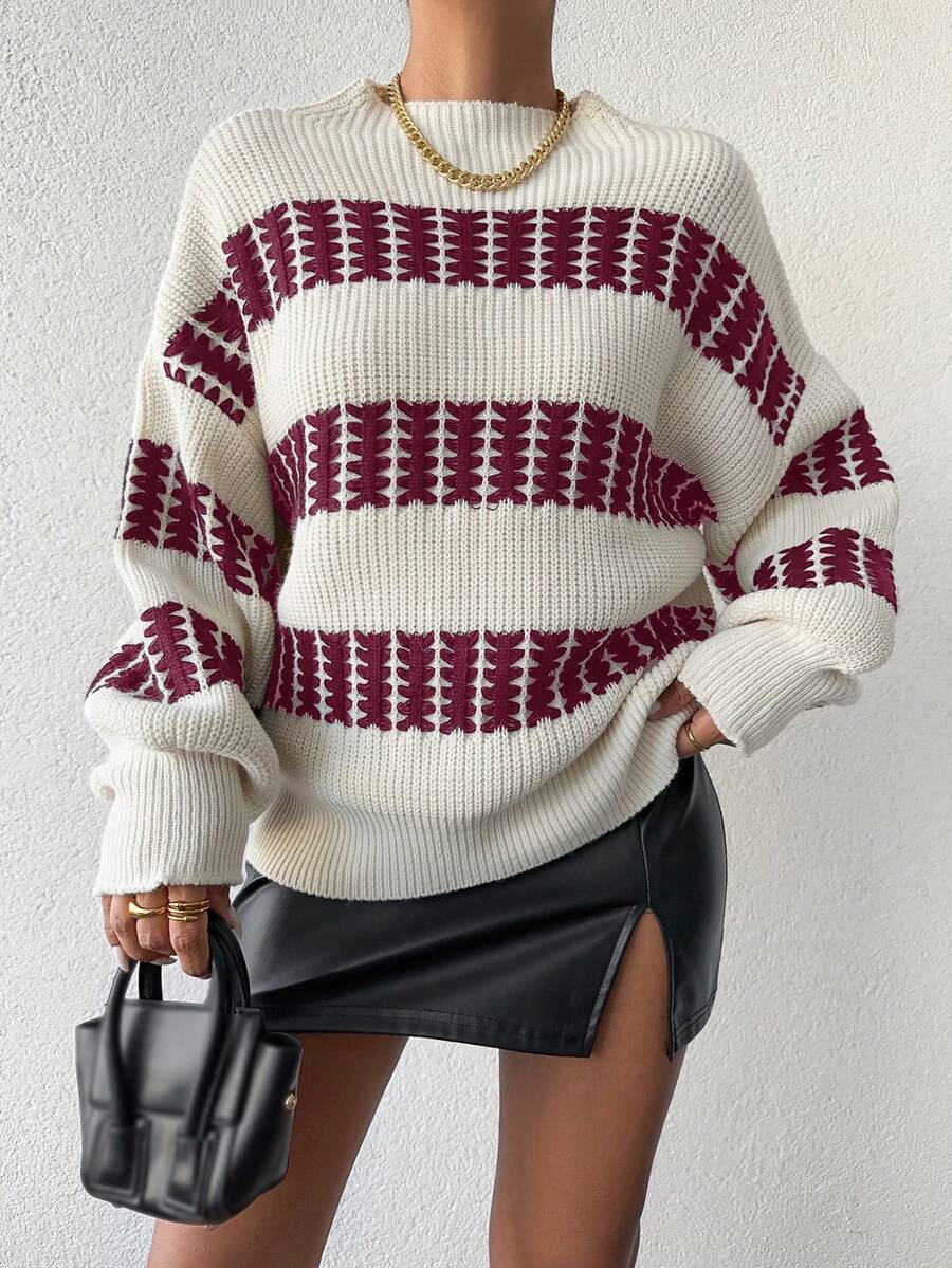 SHEIN Cottnline Women's Loose Striped Drop Shoulder Sweater - Pink - View 1