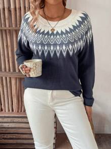 SHEIN LUNE 大码几何图案套头毛衣针织衫秋冬毛衣 - 彩色 - 查看 3