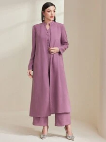 Modelyn Buttoned Vest, Long Pants And Cardigan Set - Purple - View 4