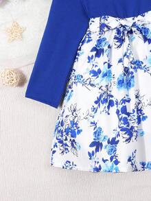 SHEIN 小女孩彩塊花卉印花連身裙 - 藍白色 - 查看 4