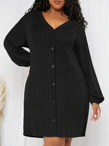 SHEIN CURVE+ Hơn Tay áo lồng đèn Nút phía trước Đầm - màu đen - Xem 6