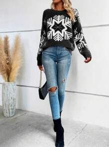 SHEIN LUNE 毛茸茸的毛衣,帶有雪花圖案,掉肩圓領款式 - 黑色 - 查看 3