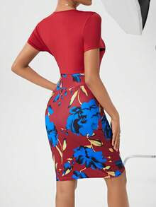 SHEIN Privé Floral Print Patchwork Dress - Burgundy - View 2