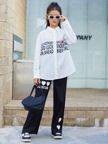 SHEIN Tween女孩寬鬆版白色襯衫,印有口號字樣和面部插圖 - 白色 - 查看 4