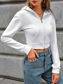 SHEIN PETITE Solid Zip Up Crop Hoodie - White - View 6