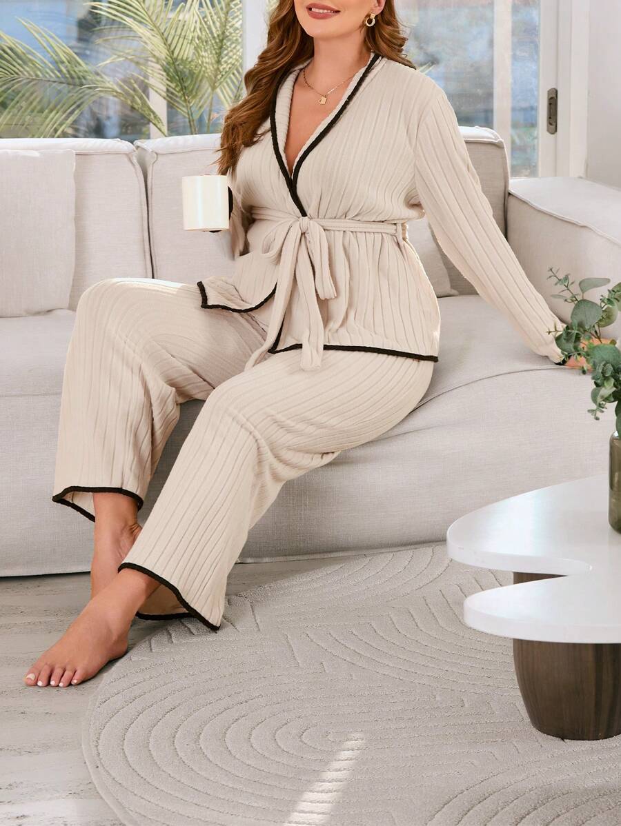 女款大尺碼對比色邊緣配腰帶睡衣套裝 - 杏色 - 查看 1