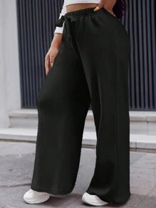 EURMUSE Pantalon droit à couleur unie avec cordon de serrage, grande taille pour femme - Noir - Voir 4