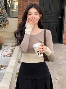 Dazy Star Women's Colorblock Sweater - Khaki - View 1