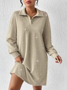 SHEIN LUNE Einfarbiges Kleid Mit Perlen Dekoration - Khaki - Übersicht 1