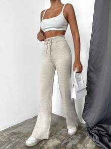 EURMUSE Drawstring Waist Knit Pants - Beige - View 3