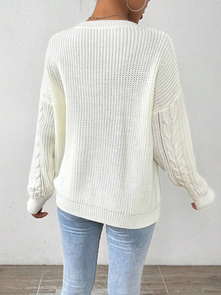 Solid Color Hollow Out Drop Shoulder Knit Pullover Fall Winter Sweater
