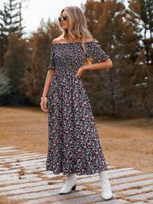SHEIN VCAY Floral Pattern Holiday Off Shoulder Women's Dress - Black - View 5