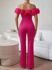 SHEIN Privé Ladies Off Shoulder Lace Trim Flared Jumpsuit - Hot Pink - View 2