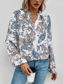 SHEIN LUNE Women's Peacock Feather Printed Notch Neck Lantern Sleeve Blouse - Multicolor - View 3