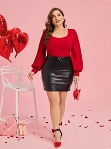 SHEIN Clasi Camiseta roja con cuello redondo y mangas de farol de talla grande, Día de San Valentín
