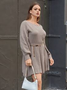 SHEIN Privé Plus Scoop Neck Lantern Sleeve Sweater Dress - Apricot - View 1