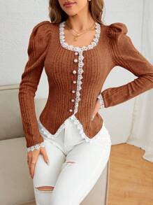 SHEIN Privé 女款蕾絲拼接羊肚袖夾克 - 鏽棕色 - 查看 1