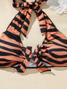 SHEIN Swim 虎纹吊带扭纹设计比基尼套装夏季海滩 - 橘色 - 查看 5