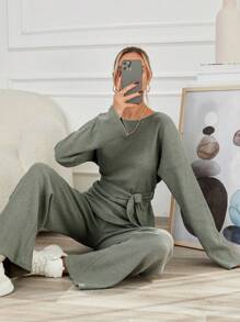 SHEIN Cottnline قميص بربطة وسروال رجل واسع الساق - أخضر - مشاهدة 5
