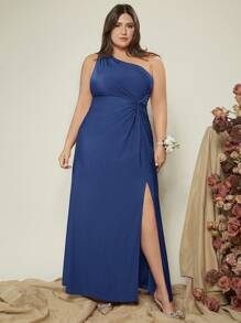 SHEIN Belle Plus尺寸一字肩扭結前開叉伴娘裙 - 藏蓝色 - 查看 4