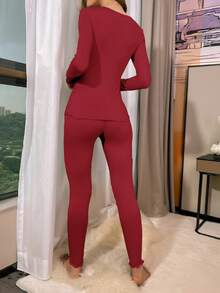 女式純色奶絲保暖內衣套裝,帶有蝕邊設計 - 酒紅色 - 查看 2