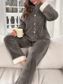 女士毛绒兔耳蓬松睡衣套装，秋冬服装 - 深灰色 - 查看 4