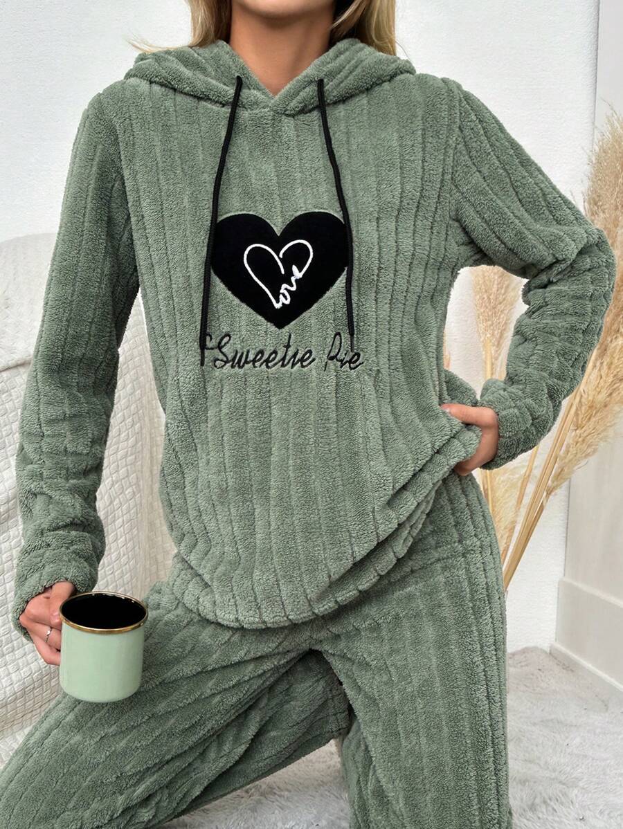 Women's Love & Letter Embroidery Drawstring Hooded Pajama Top - Green - View 1
