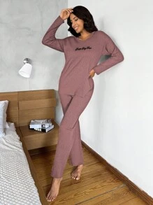 EURMUSE Letter Graphic Rib-Knit Lounge Set - Dusty Pink - View 5