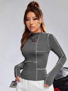 SHEIN Coolane Để lộ ra Đường may Một nửa Cổ áo cao Áo thun - Màu xám đen - Xem 4