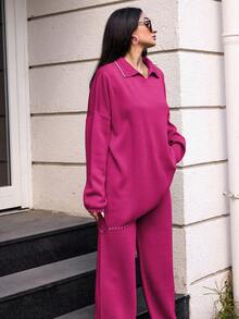 SHEIN Conjunto De Suéter Y Pantalón Para Mujer Con Solapa Y Hombros Caídos - Rosa - Ver 2