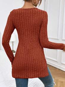 SHEIN Essnce Của phụ nữ Cổ chữ V Đồ đan Ribbed Cái nĩa cao Hem Áo thun - Gỗ đỏ - Xem 2