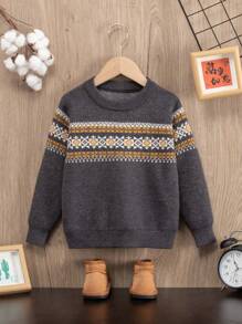 SHEIN Young Boy Geometric Pattern Sweater - Dark Grey - View 1