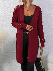 SHEIN LUNE Women's Tie Sleeve Cardigan With Double Breast Pockets Fall Cloth For Women - Beige - View 1