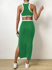 SHEIN Privé Ladies' Waistband Hollow Out & Side Split Dress - Green - View 2