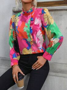 SHEIN VCAY 女款花卉印花泡泡袖襯衫 - 彩色 - 查看 1