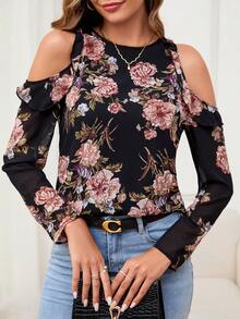 SHEIN Clasi 全印花菌褶邊蕾絲圓領短袖女襯衫 - 彩色 - 查看 3