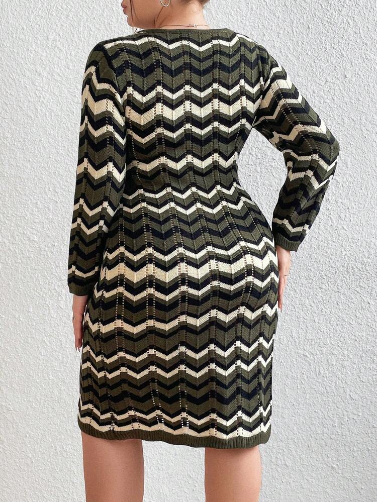 Plus Size Chevron Patterned Sweater Dress With Large Round Neck