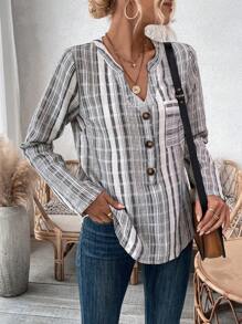 SHEIN Essnce And Linen Check Notch Collar Long-sleeved Shirt - Black and White - View 2