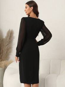 SHEIN Clasi Women's Sheer Mesh Splicing Lantern Sleeve Dress With Split Hem And Waist Belt - Black - View 2