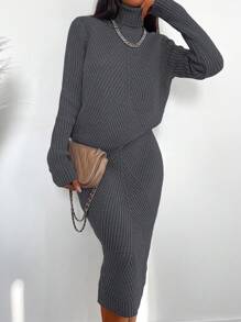 EURMUSE Solid High Neck Sweater & Knit Skirt - Dark Grey - View 5